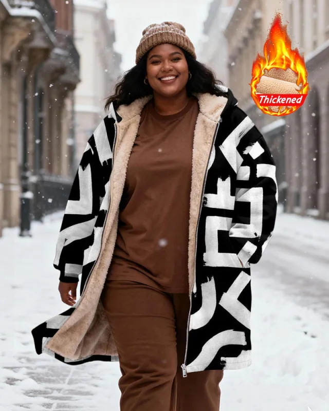 Women's Black And White Geometric Abstract Printed Velvet Thickened Long Hooded Coat sold by Biggmans