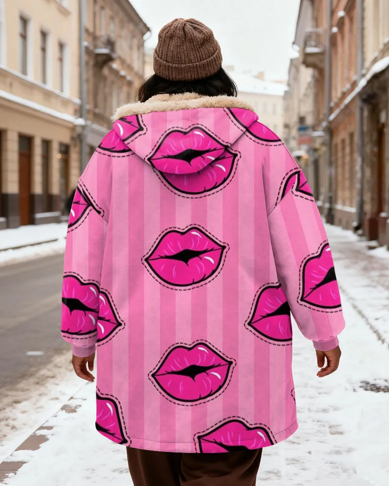 Women's Pink Striped Lip Printed Velvet Thickened Long Hooded Coat sold by Biggmans product image thumbnail 3
