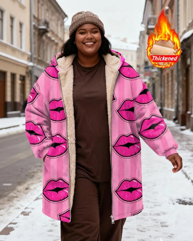Women's Pink Striped Lip Printed Velvet Thickened Long Hooded Coat sold by Biggmans
