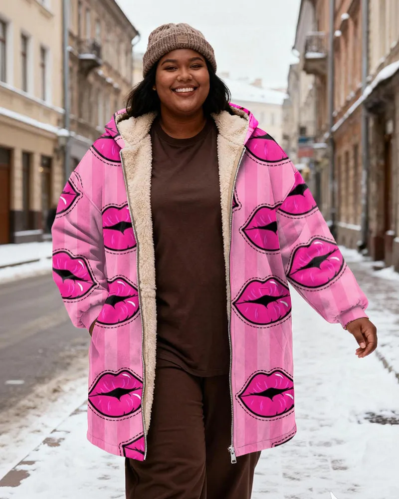 Women's Pink Striped Lip Printed Velvet Thickened Long Hooded Coat sold by Biggmans product image thumbnail 2
