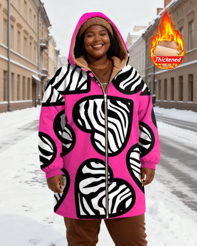 Women's Pink Striped Lip Printed Velvet Thickened Long Hooded Coat sold by Biggmans