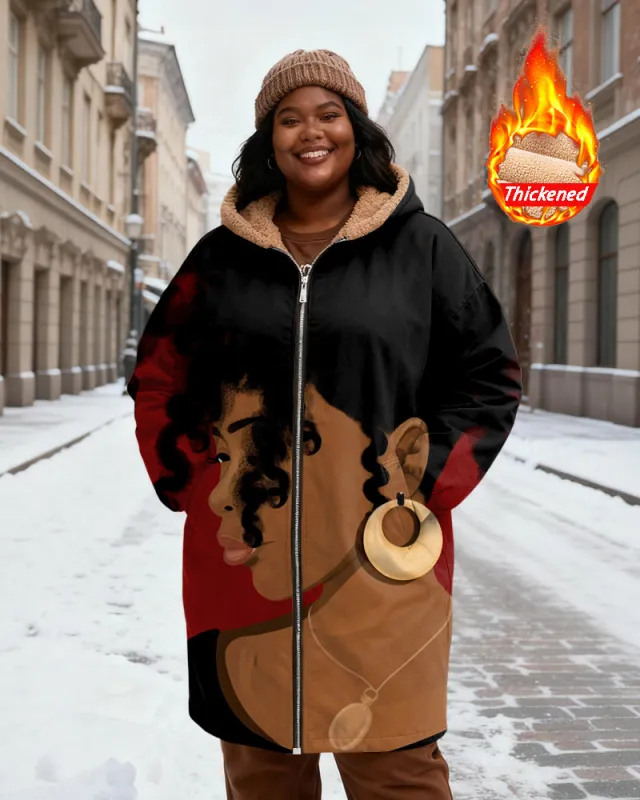 Women's Black And Red Contrast Women's Portrait Print Velvet Thickened Long Hooded Coat sold by Biggmans