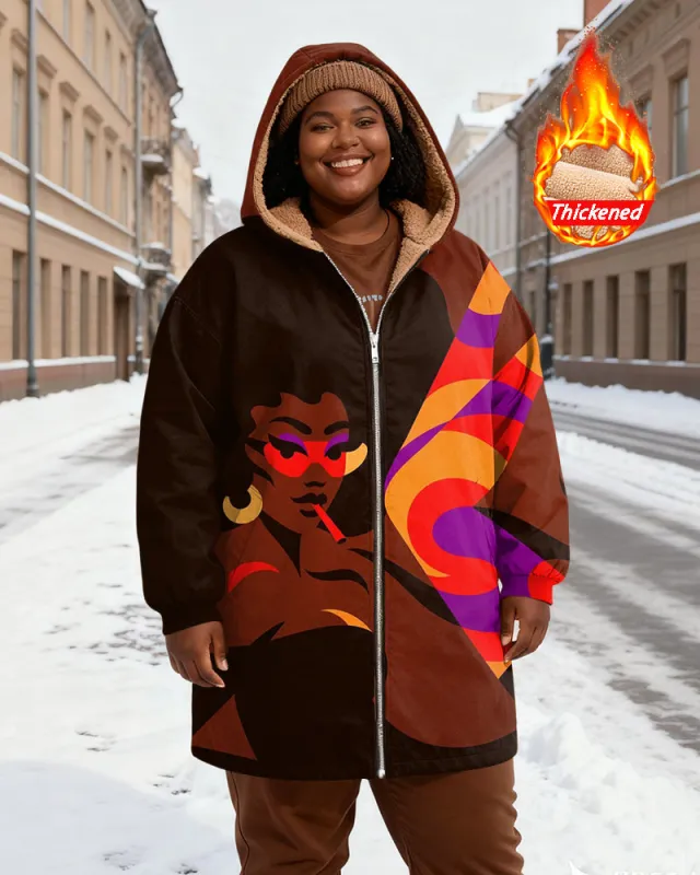 Women's Brown Bottom Abstract Women's Flute Printed Velvet Thickened Long Hooded Coat sold by Biggmans