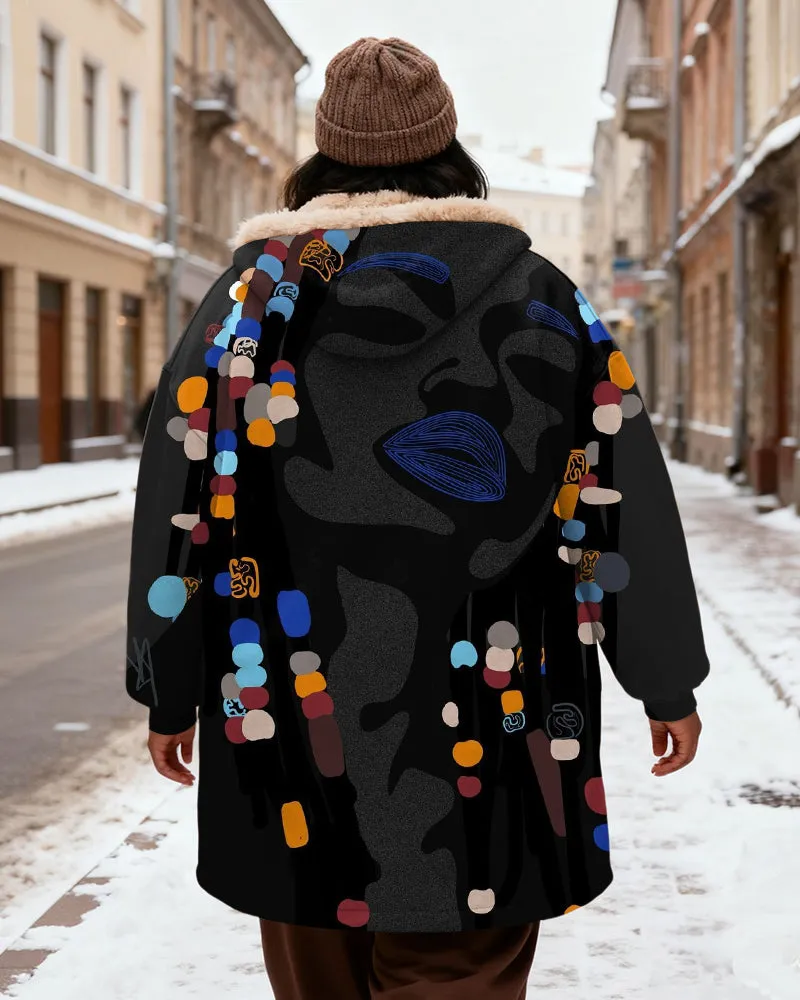 Women's Black Grey Abstract Face Color Beaded Print Velvet Thickened Long Hooded Coat sold by Biggmans product image thumbnail 3