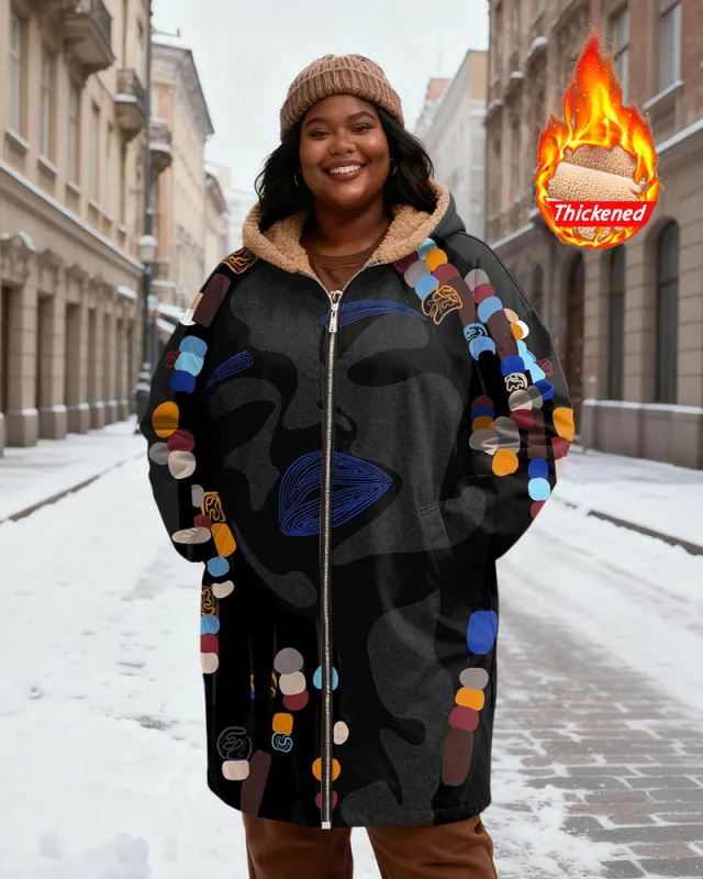 Women's Black Grey Abstract Face Color Beaded Print Velvet Thickened Long Hooded Coat sold by Biggmans