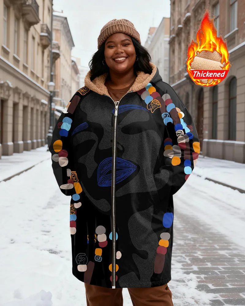 Women's Black Grey Abstract Face Color Beaded Print Velvet Thickened Long Hooded Coat sold by Biggmans