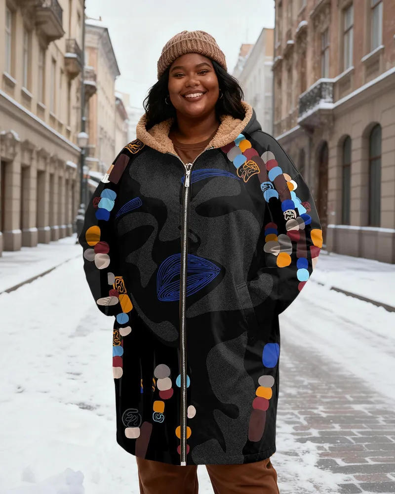 Women's Black Grey Abstract Face Color Beaded Print Velvet Thickened Long Hooded Coat sold by Biggmans product image thumbnail 2