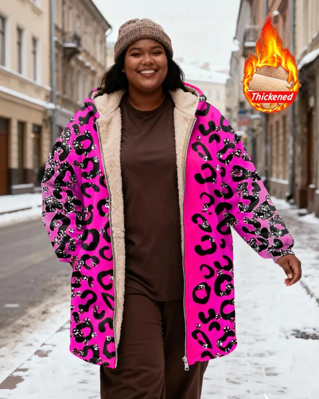 Women's Pink Black Leopard Print Snowflake Print Velvet Thick Long Hooded Coat sold by Biggmans