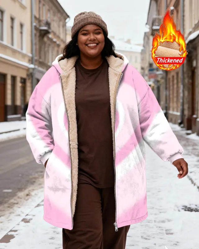 Women's Pink White Gradient Loving Heart Printed Velvet Thickened Long Hooded Coat sold by Biggmans