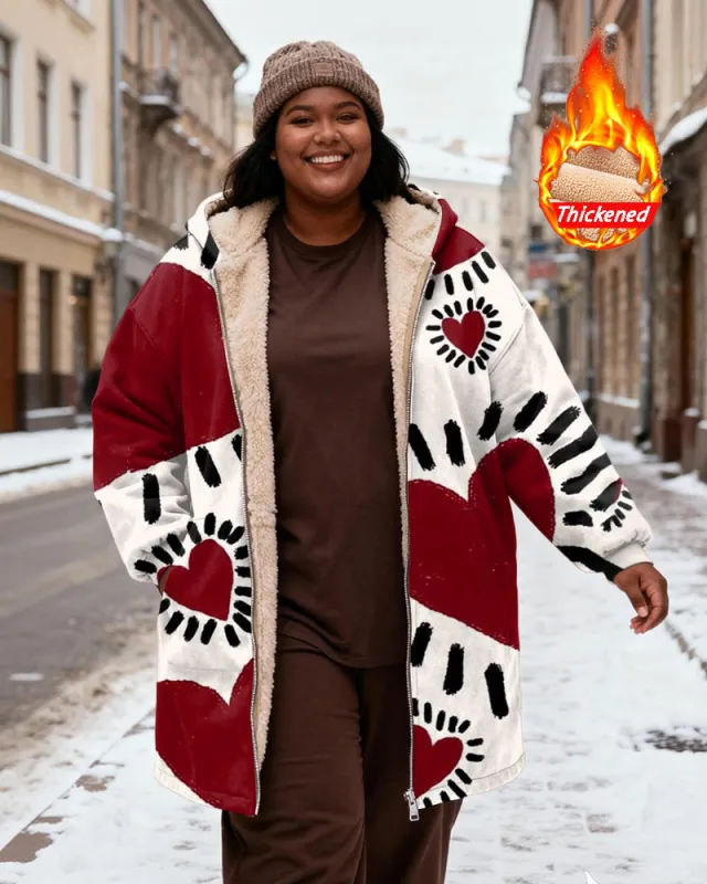 Women's Red And White Contrast Loving Heart Printed Velvet Thickened Long Hooded Coat sold by Biggmans