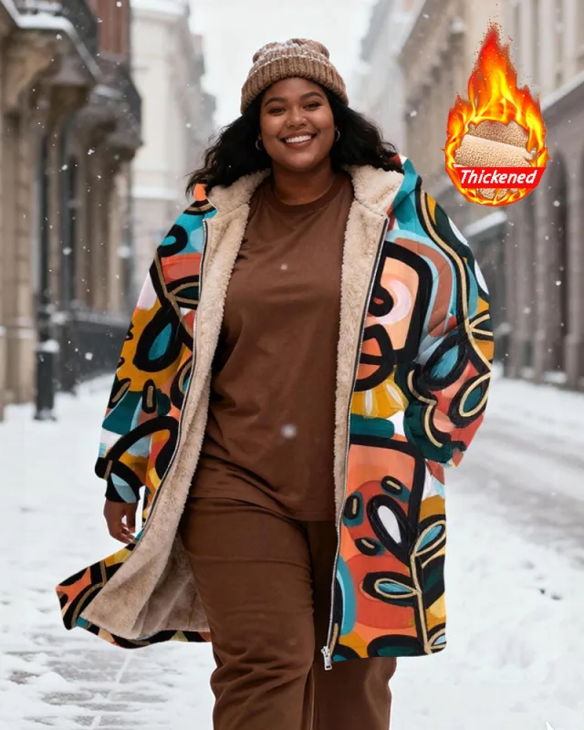 Women's Colorful Abstract Graffiti Print Velvet Thickened Long Hooded Coat sold by Biggmans