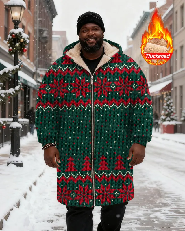 Big & Tall Men's Green Red Christmas Pattern Printed Velvet Thickened Long Hooded Coat sold by Biggmans