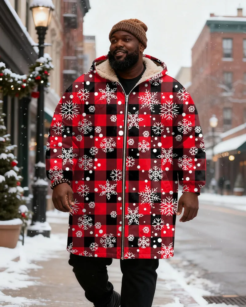Big & Tall Men's Red And Black Plaid Snowflake Printed Velvet Thickened Long Hooded Coat sold by Biggmans product image thumbnail 2