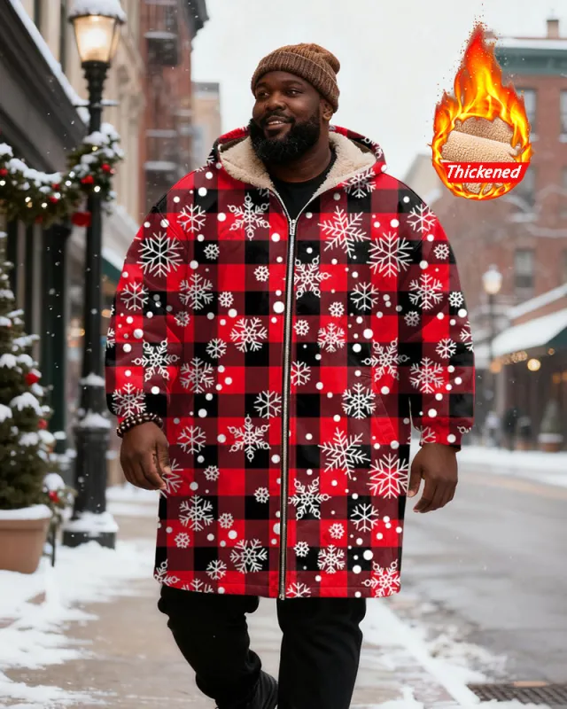 Big & Tall Men's Red And Black Plaid Snowflake Printed Velvet Thickened Long Hooded Coat sold by Biggmans