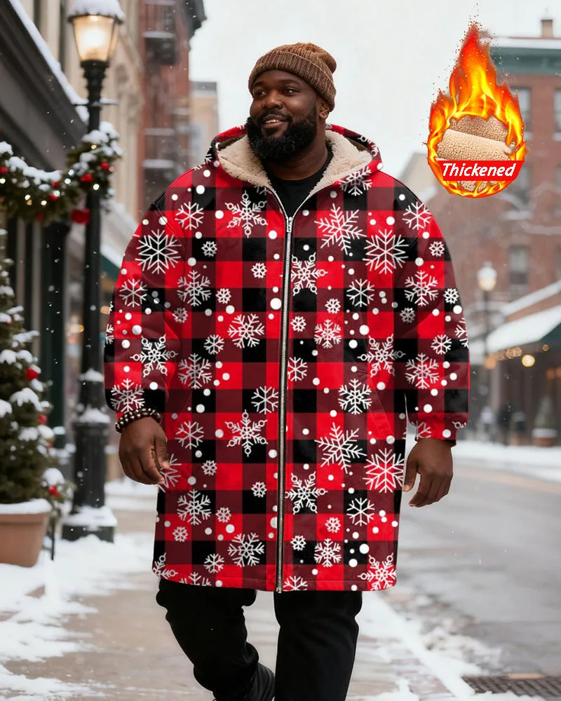 Big & Tall Men's Red And Black Plaid Snowflake Printed Velvet Thickened Long Hooded Coat sold by Biggmans