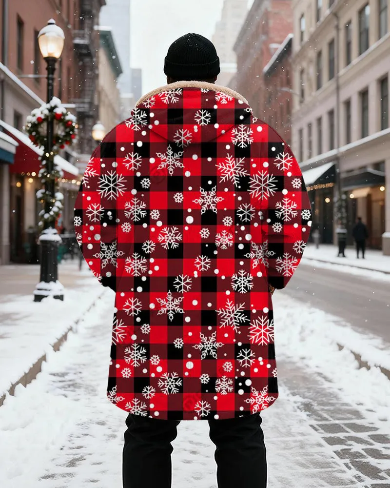 Big & Tall Men's Red And Black Plaid Snowflake Printed Velvet Thickened Long Hooded Coat sold by Biggmans product image thumbnail 3