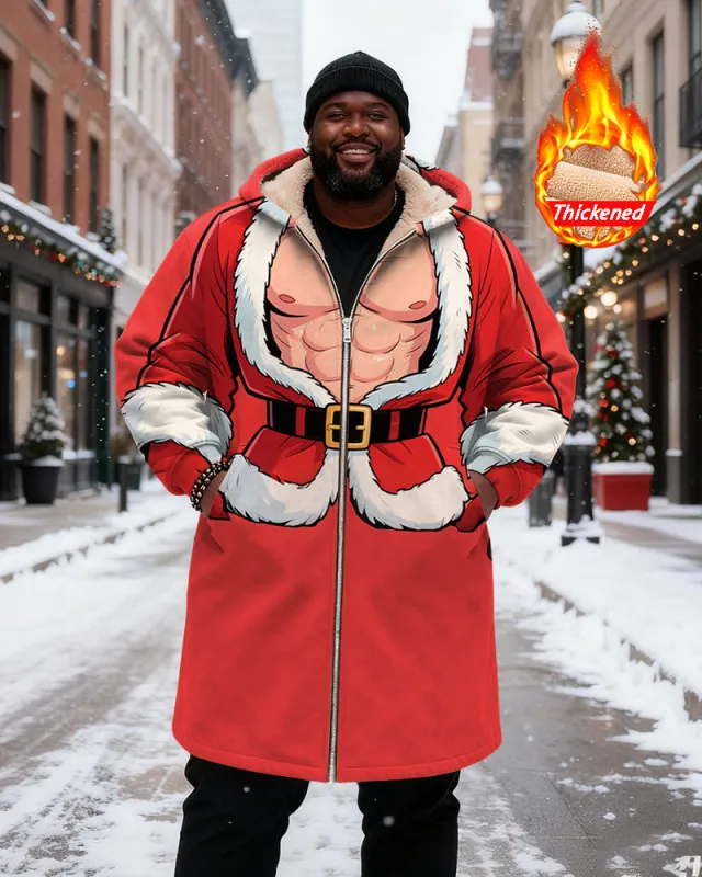 Big & Tall Men's Red Muscle Santa Claus Styling Printed Velvet Thickened Long Hooded Coat sold by Biggmans