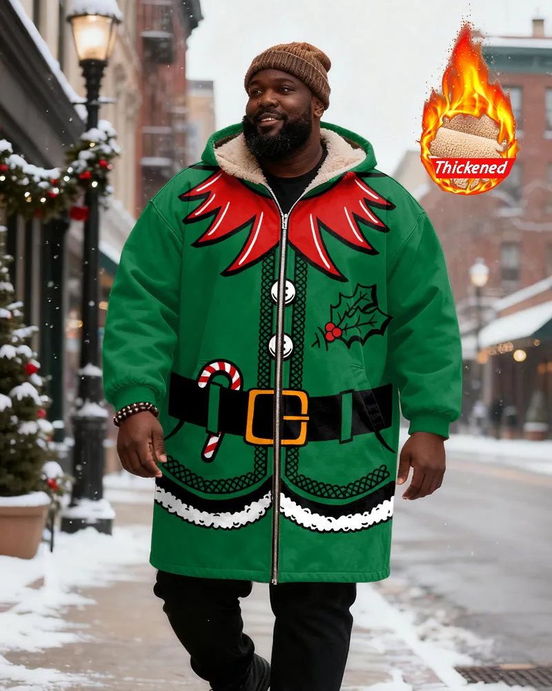 Big & Tall Men's Green Christmas Elves With Candy Cane Printed Velvet Thickened Long Hooded Coat sold by Biggmans