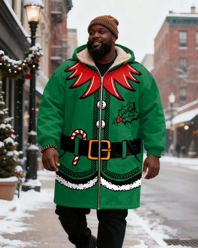 Big & Tall Men's Green Christmas Elves With Candy Cane Printed Velvet Thickened Long Hooded Coat sold by Biggmans product image thumbnail 2