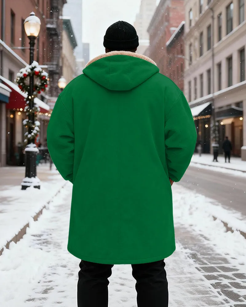 Big & Tall Men's Green Christmas Elves With Candy Cane Printed Velvet Thickened Long Hooded Coat sold by Biggmans product image thumbnail 3