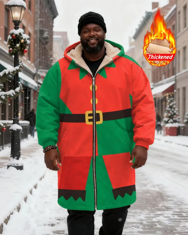 Big & Tall Men's Red And Green Christmas Elves Printed Velvet Thickened Long Hooded Coat sold by Biggmans