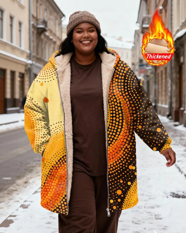 Women's Yellow Orange Brown Gradient Wave Dot Print Velvet Thickened Long Hooded Coat sold by Biggmans