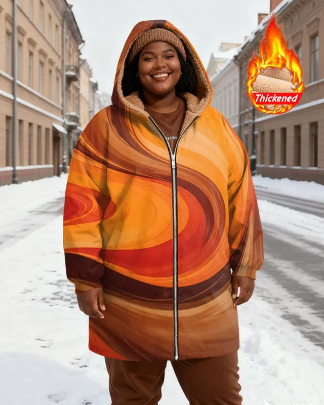 Women's Yellow Orange Brown Gradient Wave Dot Print Velvet Thickened Long Hooded Coat sold by Biggmans