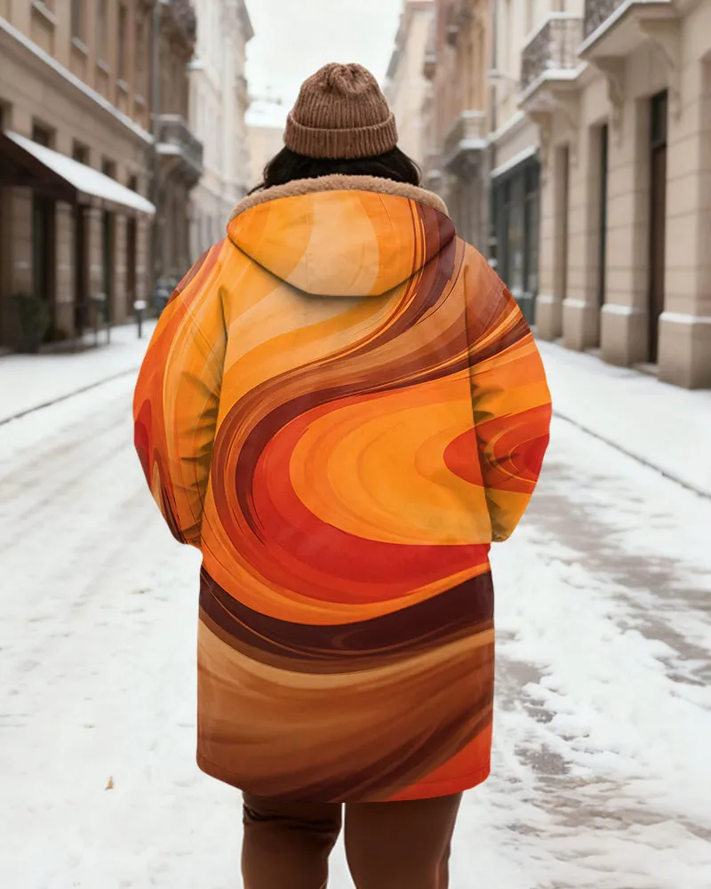 Women's Yellow Orange Brown Gradient Wave Dot Print Velvet Thickened Long Hooded Coat sold by Biggmans product image thumbnail 3
