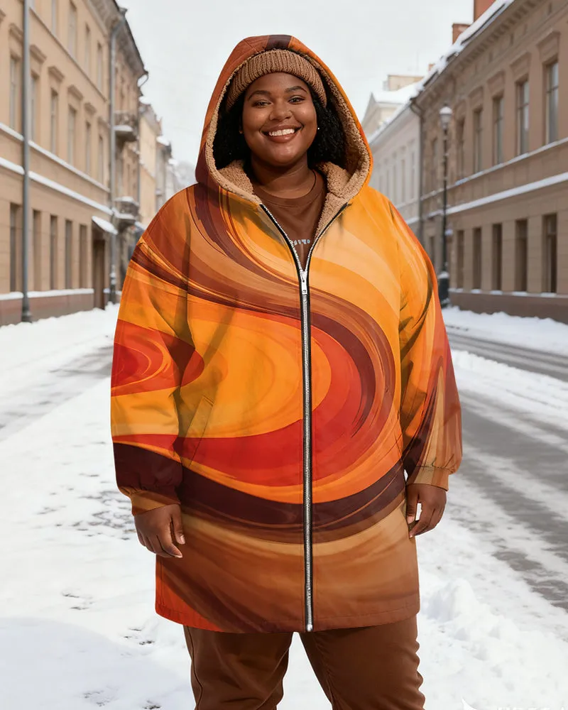 Women's Yellow Orange Brown Gradient Wave Dot Print Velvet Thickened Long Hooded Coat sold by Biggmans product image thumbnail 2