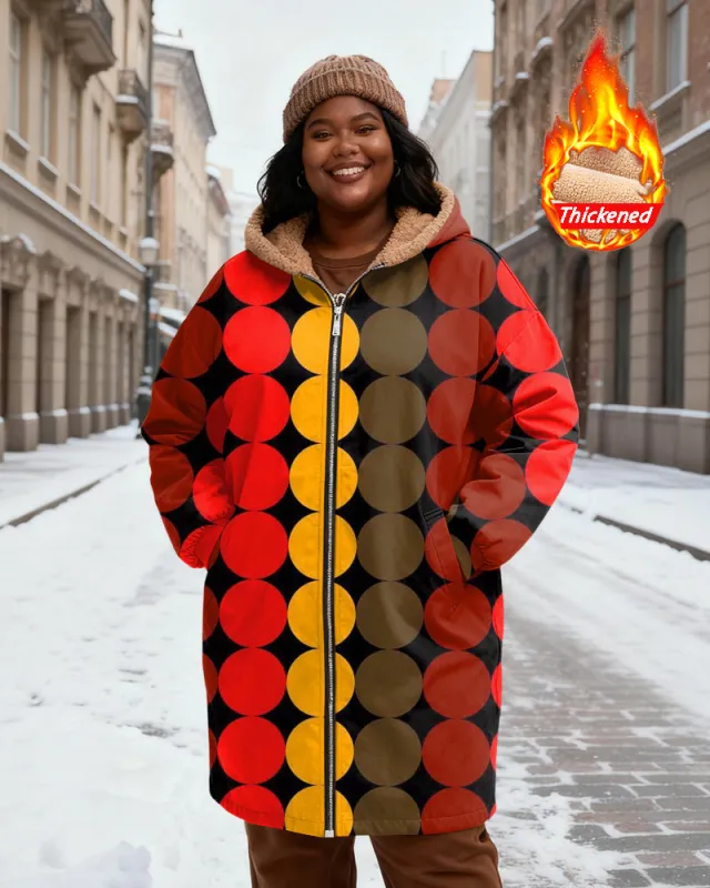 Women's Red Yellow Green Black Contrast Wave Dot Print Velvet Thickened Long Hooded Coat sold by Biggmans