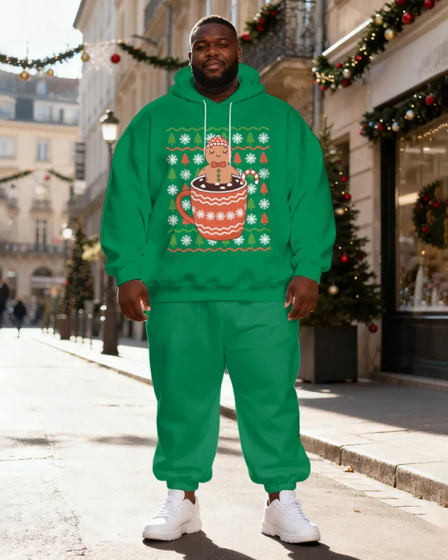 Big & Tall Men's Green Gingerbread Man Hot Cocoa Print Hoodie Set sold by Biggmans