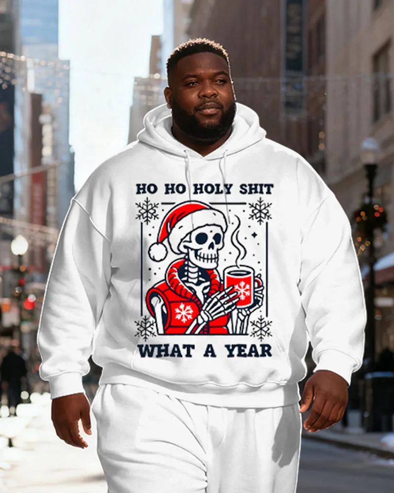 Big & Tall Men's White Skull Santa Claus "HO HO HOLY SHIT WHAT A YEAR" Print Hoodie Set sold by Biggmans product image thumbnail 2