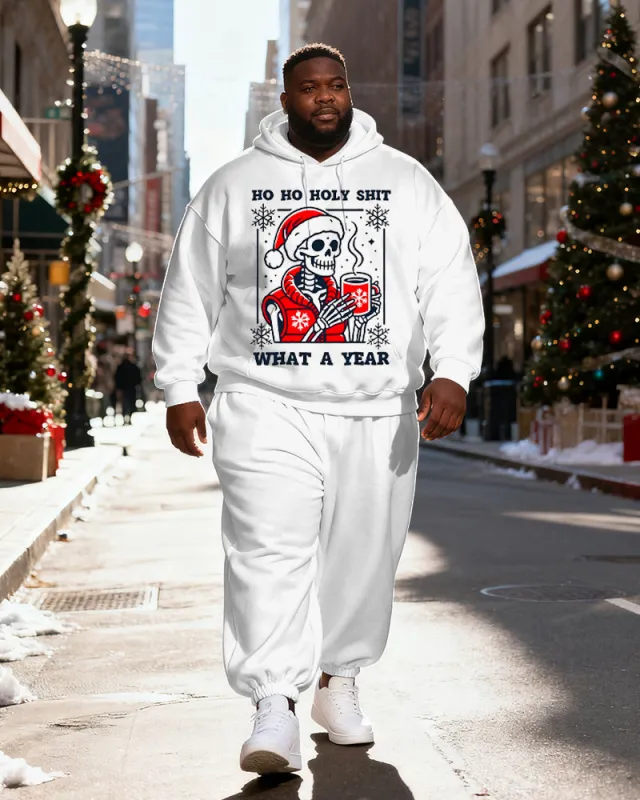 Big & Tall Men's White Skull Santa Claus "HO HO HOLY SHIT WHAT A YEAR" Print Hoodie Set sold by Biggmans