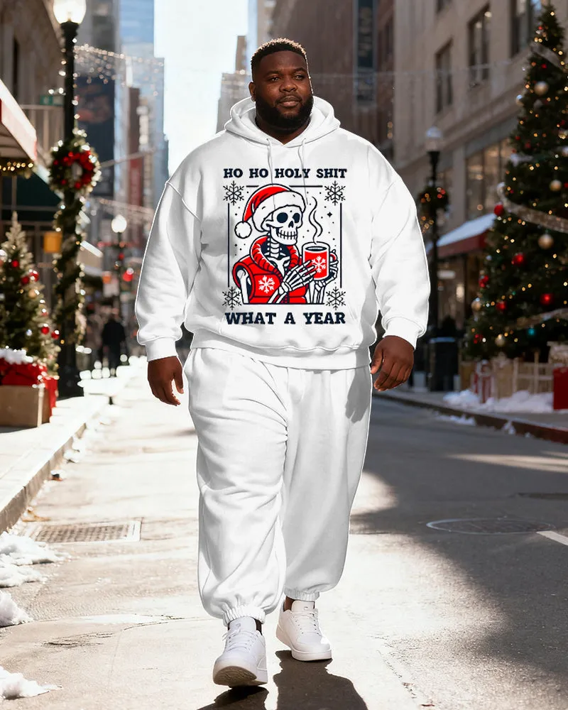 Big & Tall Men's White Skull Santa Claus "HO HO HOLY SHIT WHAT A YEAR" Print Hoodie Set sold by Biggmans