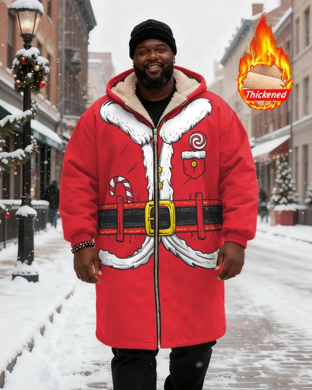 Big & Tall Men's Red Christmas Coat With Candy Print Velvet Thickened Long Hooded Coat sold by Biggmans