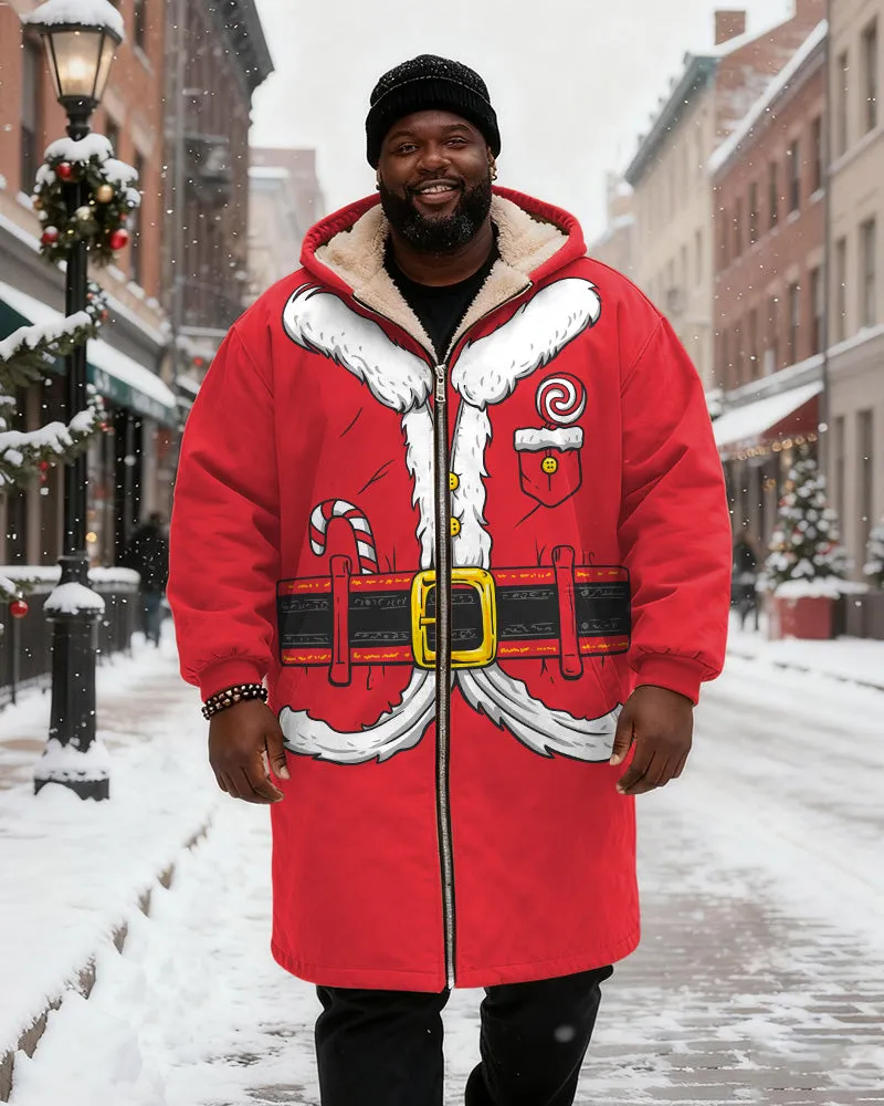 Big & Tall Men's Red Christmas Coat With Candy Print Velvet Thickened Long Hooded Coat sold by Biggmans product image thumbnail 2