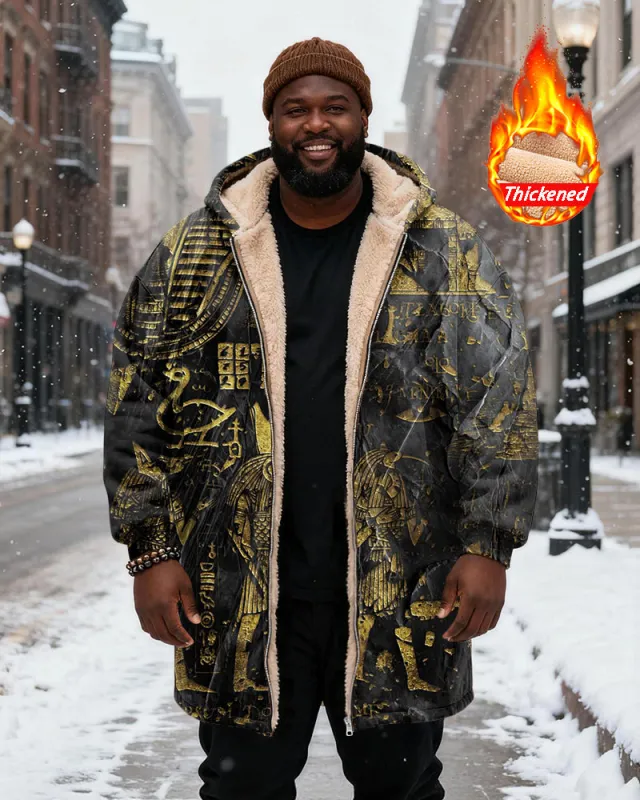 Big & Tall Men's Black Gold Egyptian Totem Printed Velvet Thickened Long Hooded Coat sold by Biggmans