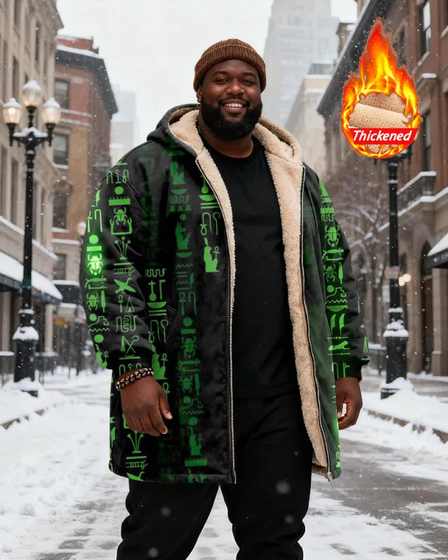Big & Tall Men's Black Green Egyptian Hieroglyphic Printed Velvet Thickened Long Hooded Coat sold by Biggmans