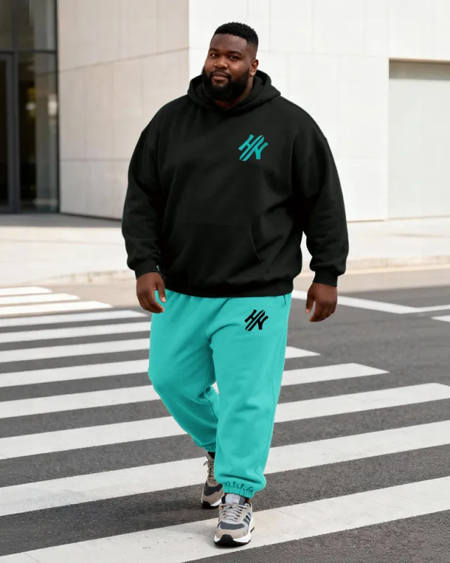 Big & Tall Men's Black And Green Contrast Letter Print Hoodie Set sold by Biggmans