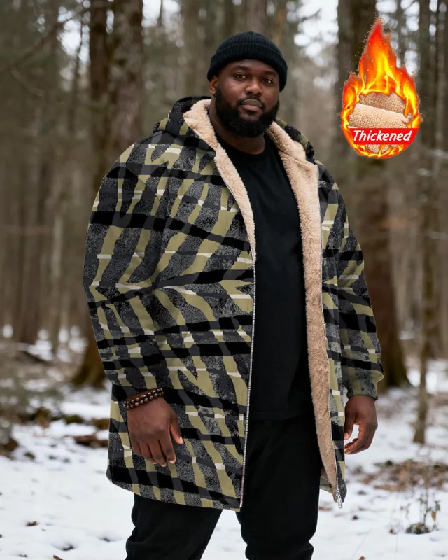 Big & Tall Men's Hunting Style Black Yellow Green Check Zebra Print Velvet Thickened Long Hooded Coat sold by Biggmans