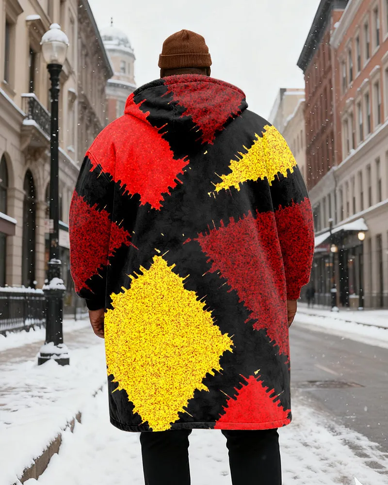 Big & Tall Men's Red, Black And Yellow Contrast Geometric Printed Velvet Padded Long Hooded Coat sold by Biggmans product image thumbnail 3