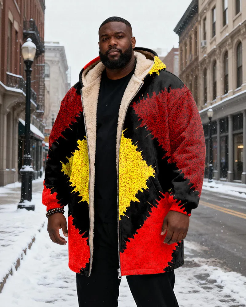 Big & Tall Men's Red, Black And Yellow Contrast Geometric Printed Velvet Padded Long Hooded Coat sold by Biggmans product image thumbnail 2