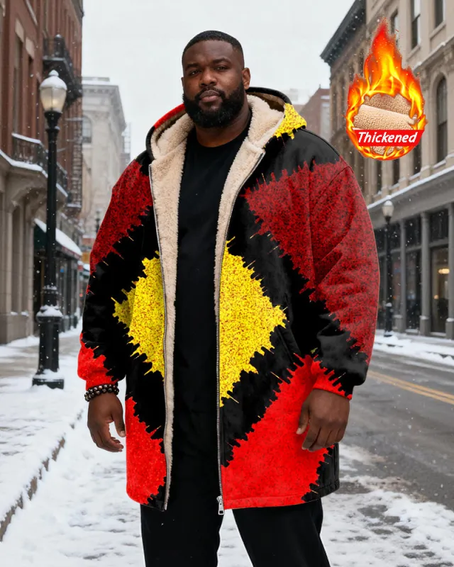 Big & Tall Men's Red, Black And Yellow Contrast Geometric Printed Velvet Padded Long Hooded Coat sold by Biggmans