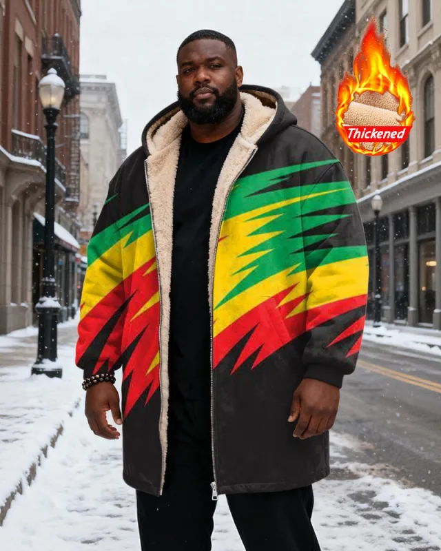Big & Tall Men's Black Yellow Green Red Lightning Print Velvet Thickened Long Hooded Coat sold by Biggmans