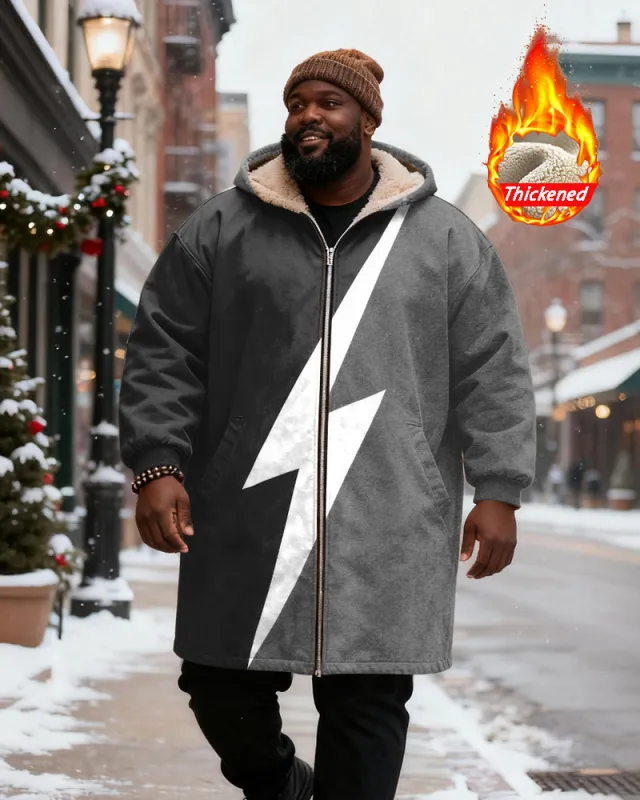 Big & Tall Men's Grey White Lightning Printed Velvet Thickened Long Hooded Coat sold by Biggmans