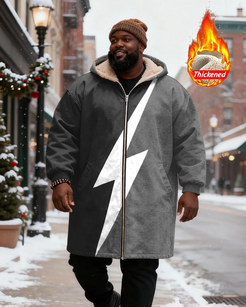 Big & Tall Men's Grey White Lightning Printed Velvet Thickened Long Hooded Coat sold by Biggmans