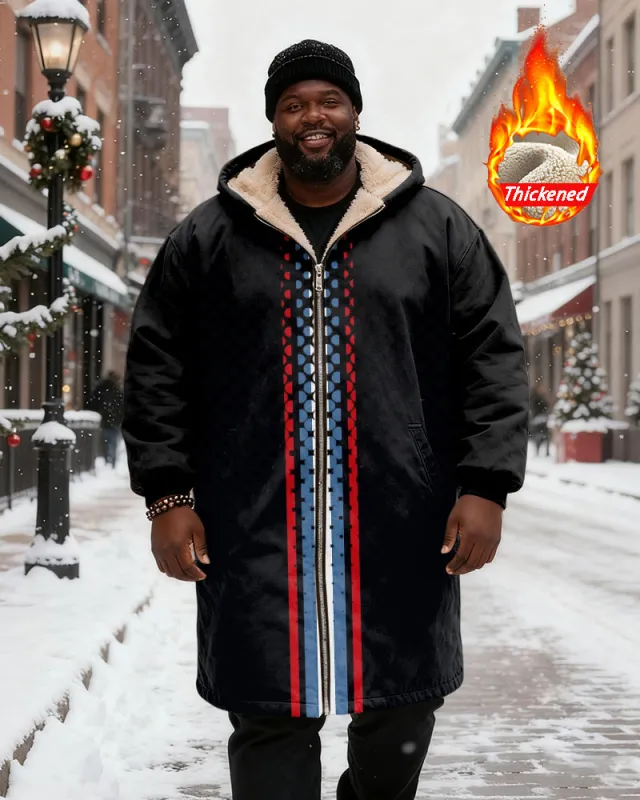 Big & Tall Men's Black Red And Blue Stripe Printed Velvet Thickened Long Hooded Coat sold by Biggmans