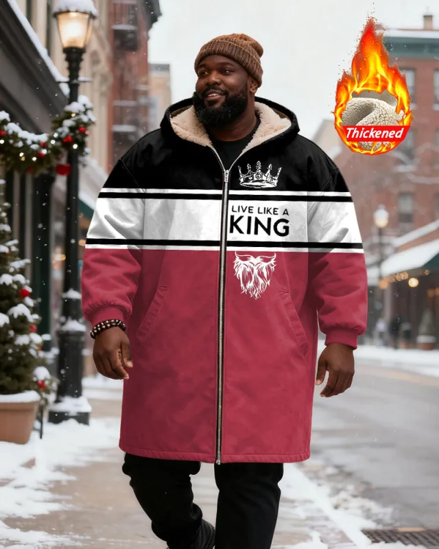 Big & Tall Men's Red And Black Contrast "LIVE A KING" Crown Printed Velvet Padded Long Hooded Coat sold by Biggmans