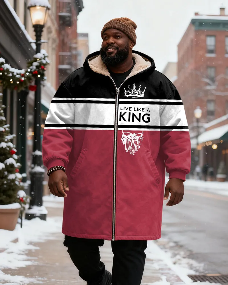 Big & Tall Men's Red And Black Contrast "LIVE A KING" Crown Printed Velvet Padded Long Hooded Coat sold by Biggmans product image thumbnail 2