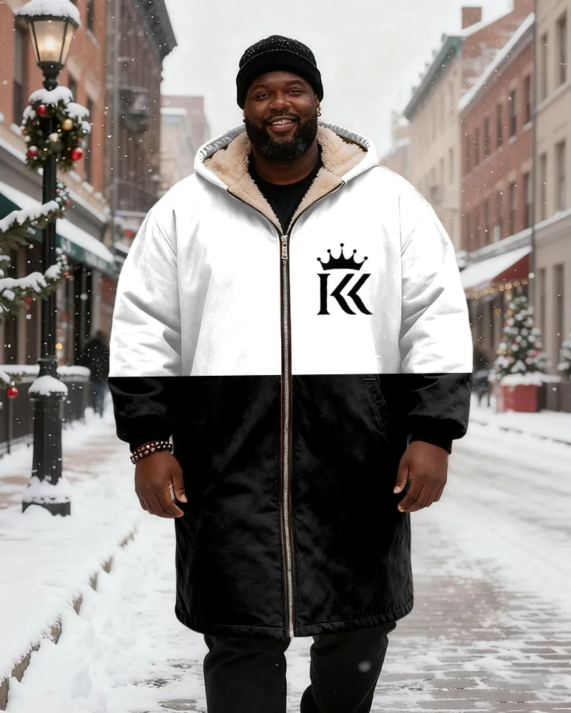 Big & Tall Men's Black And White Bump Color With Crown Letter Printed Velvet Padded Long Hooded Coat sold by Biggmans product image thumbnail 2